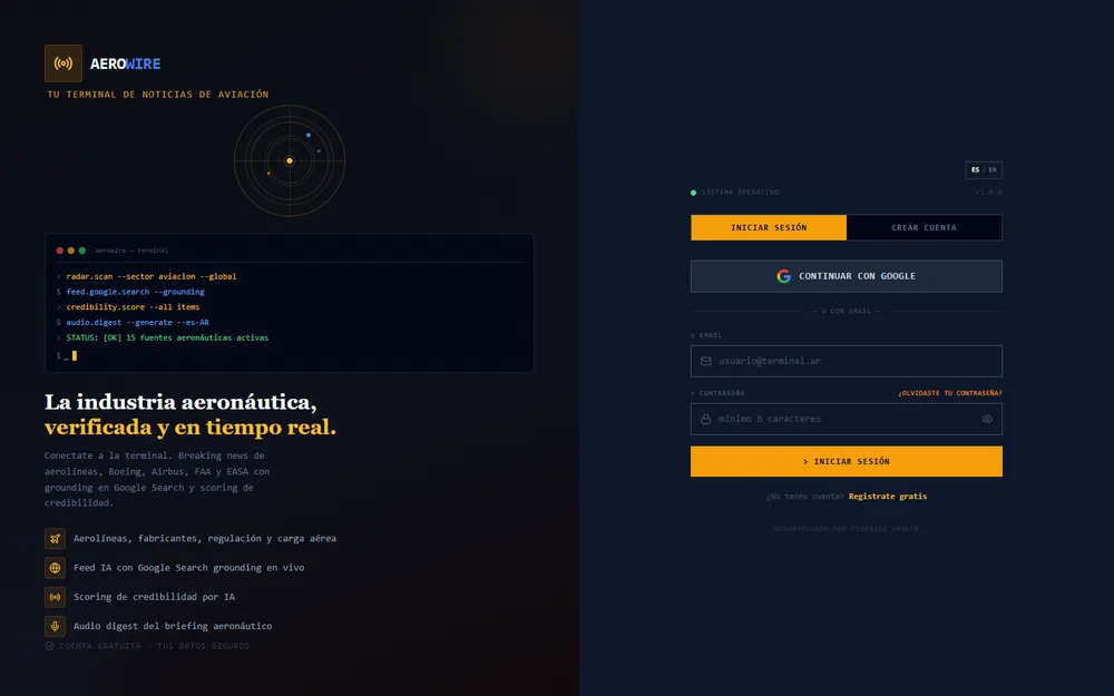 Screenshot of project AeroWire — Aviation News with AI